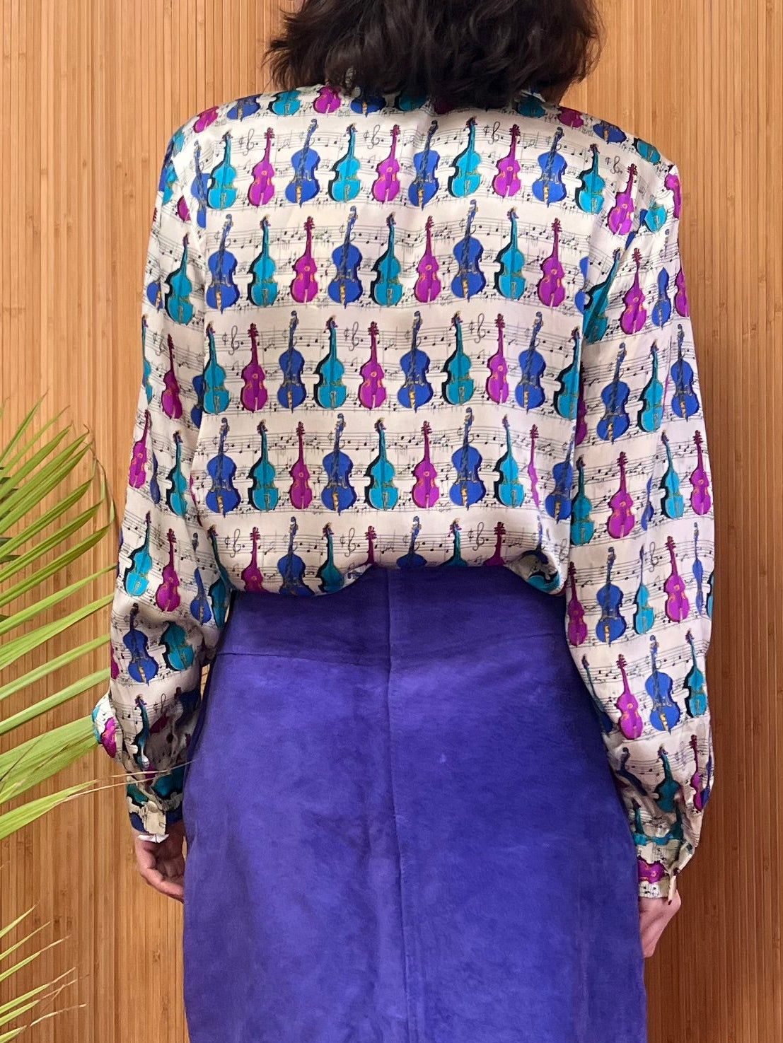 1980s Musical Instrument Novelty Print 100% Silk Blouse M