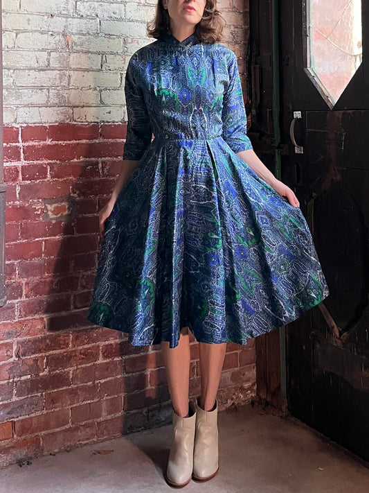 1950s Blue Paisley Fit and Flair Dress by Tobie S