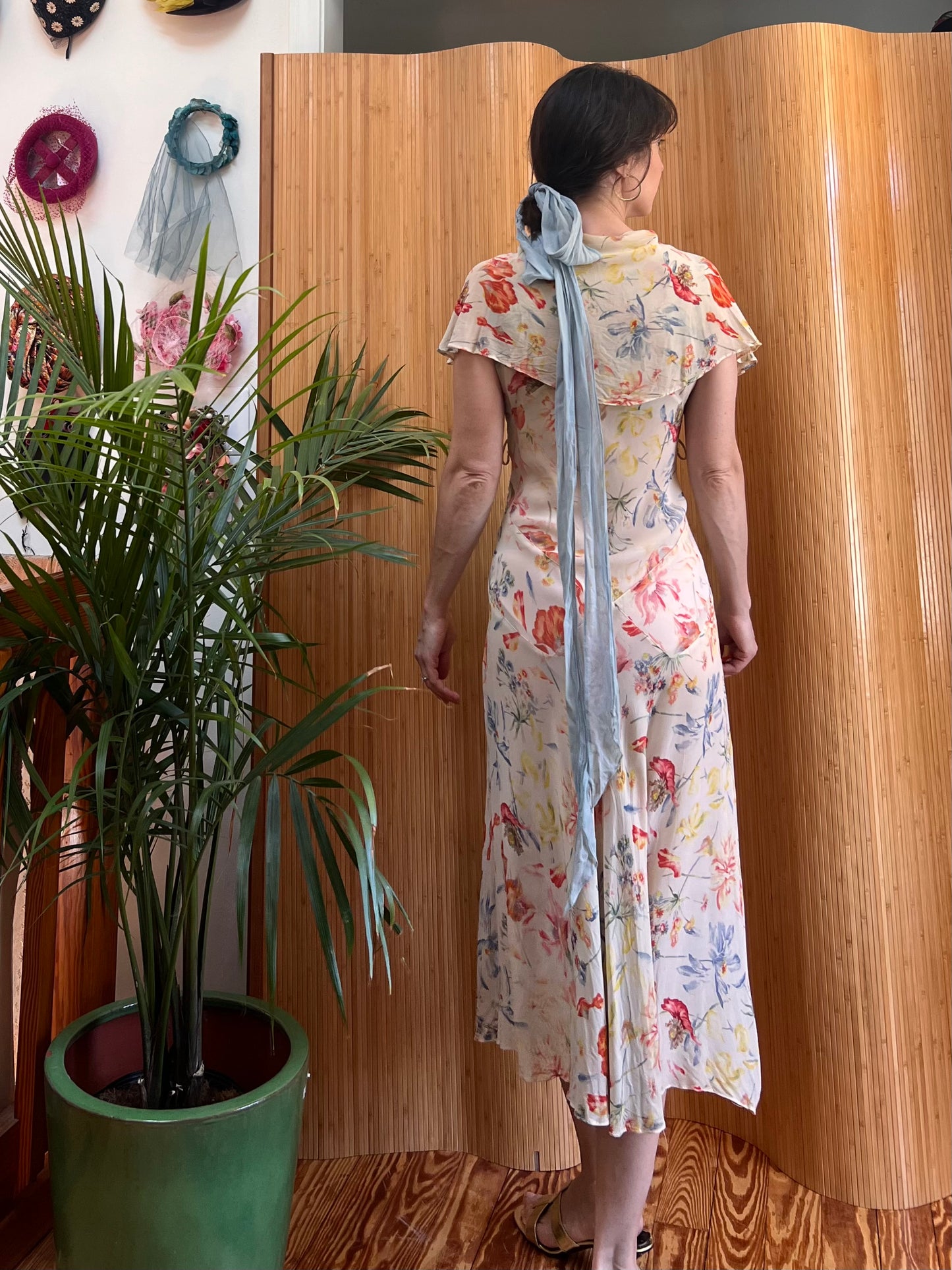 1920s/30s Art Deco Silk Chiffon Floral Bias Cut Gown with Capelet