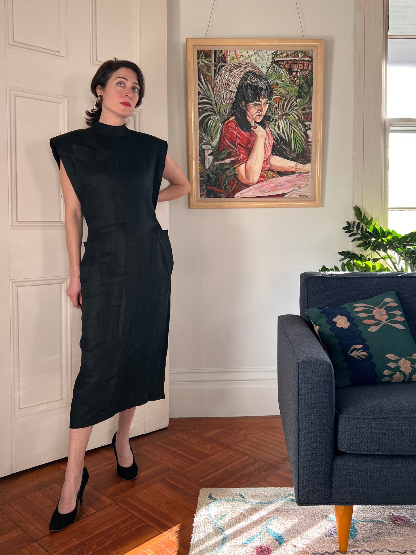 1983 Claude Montana Black Linen Shift Dress M