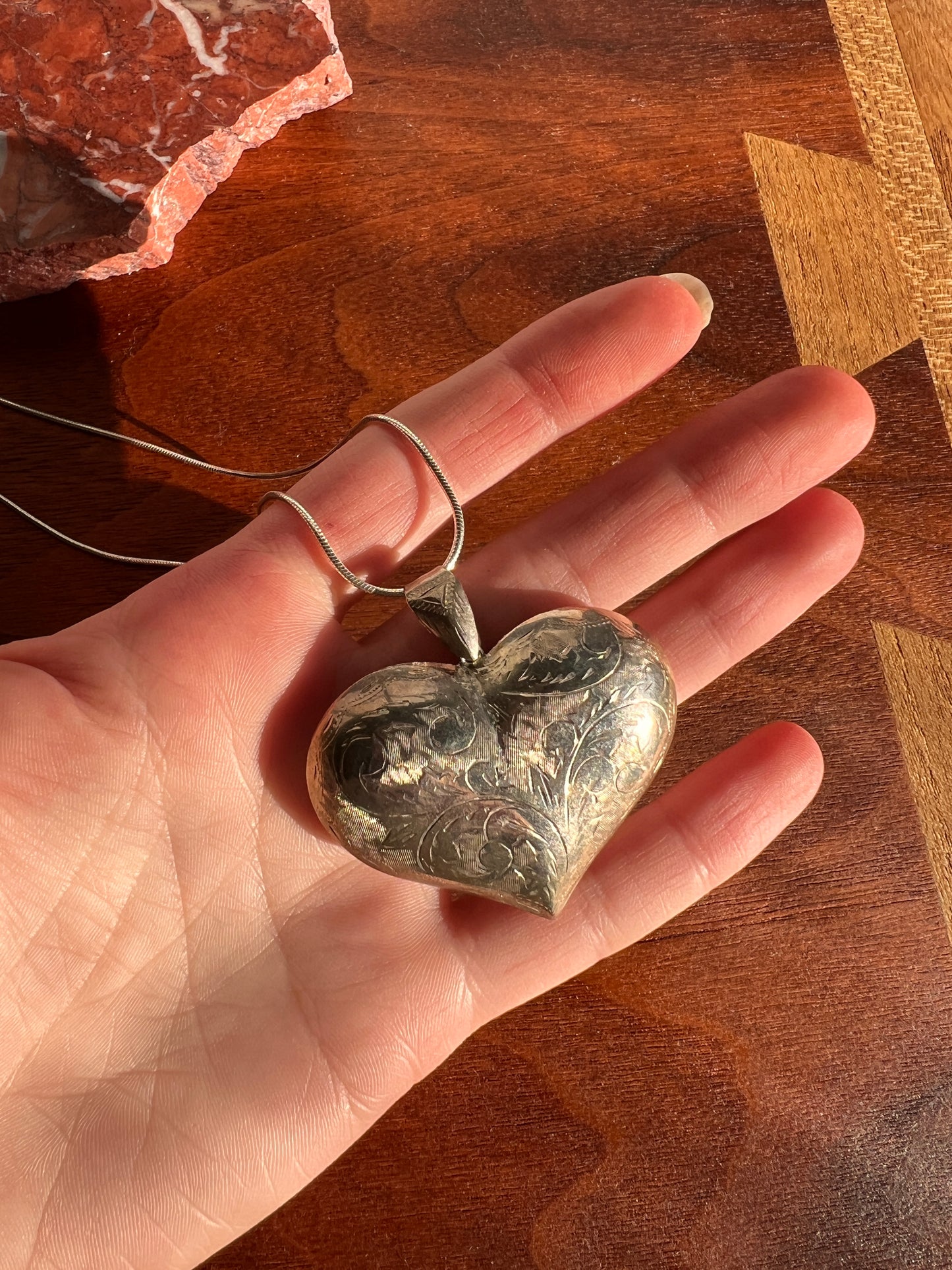 Vintage XL Etched Puffy Heart Pendant Necklace