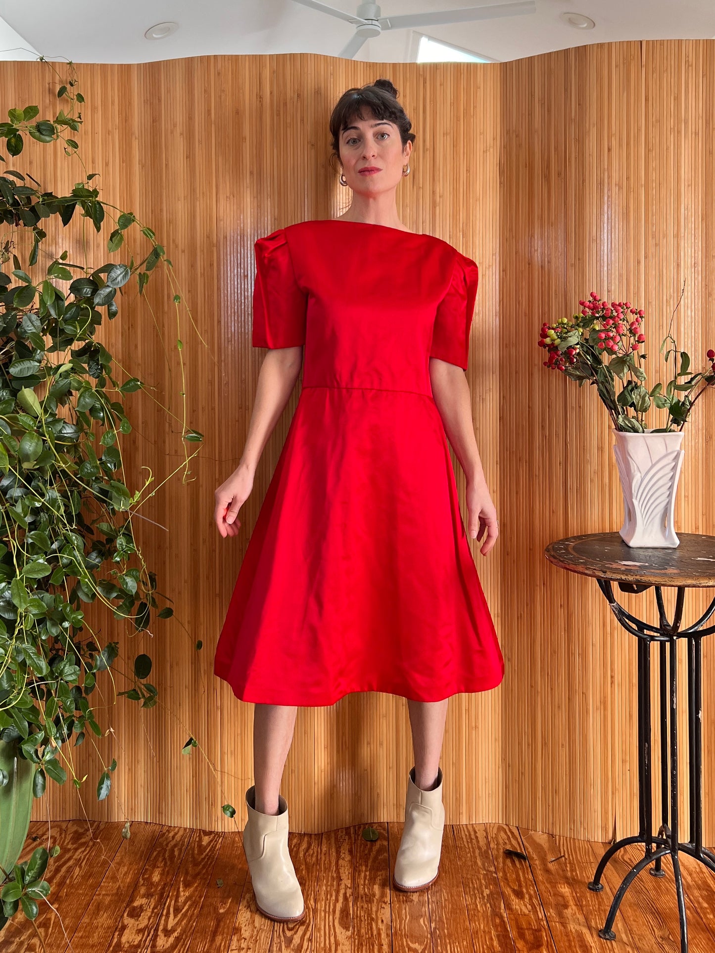 1950s Arnold Scaasi Cherry Red Silk Cocktail Dress M
