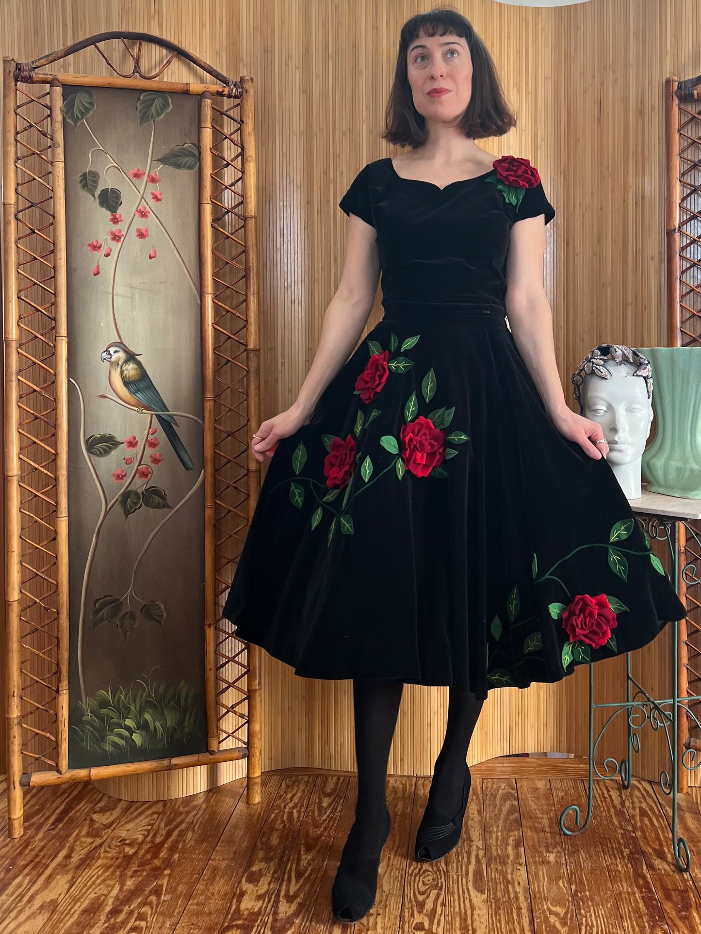 1950s Velvet Rose Applique 2-Piece Skirt Set S