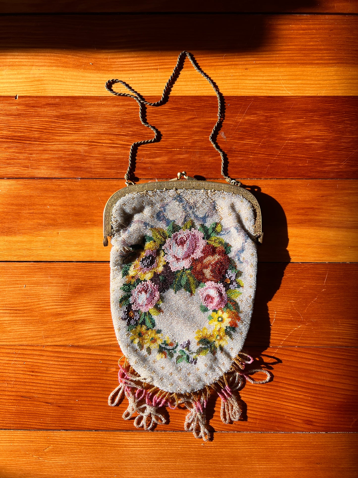 Victorian Floral Micro Beaded Fringe Purse