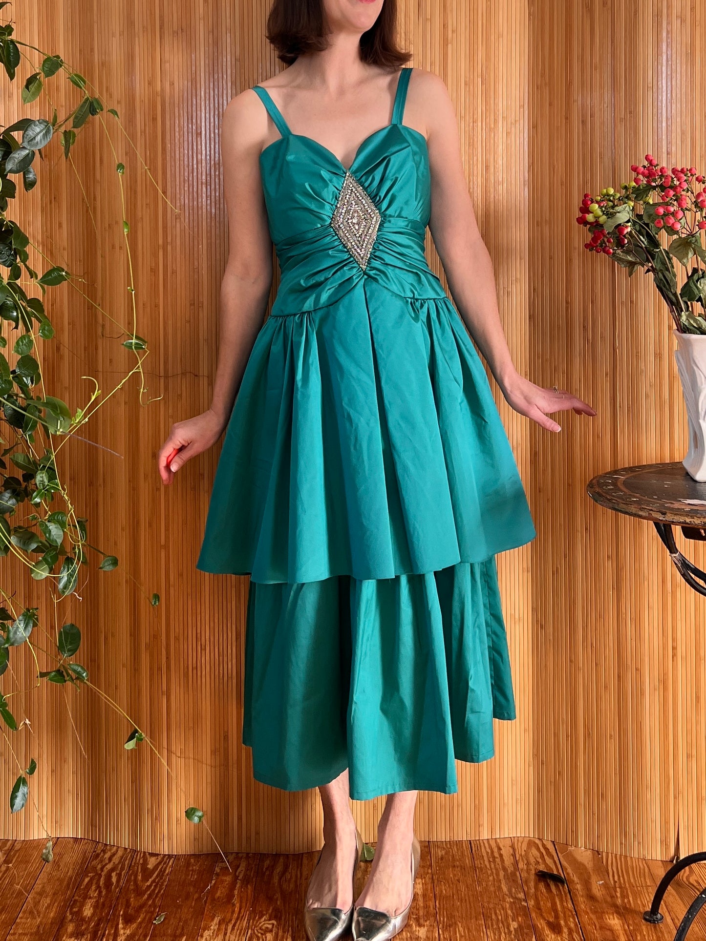 1970s Lilli Diamond Taffeta Rhinestone Party Dress S/M