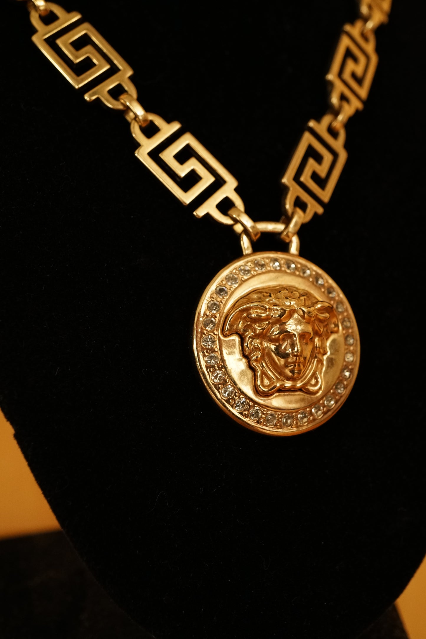 1990s Versace La Medusa Greca Gold and Crystal Necklace