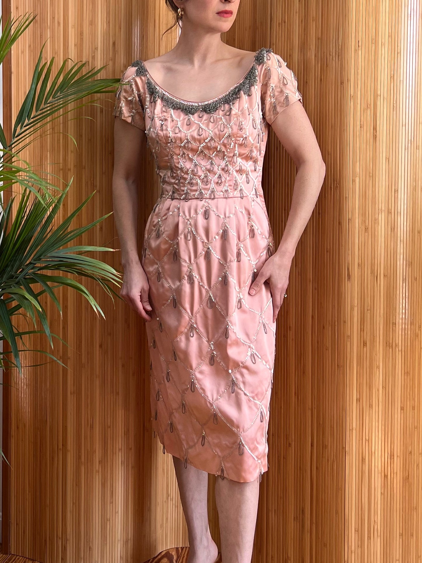 1950s Ceil Chapman Beaded and Sequin Silk Wiggle Dress S