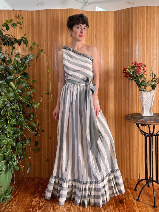 1970s Grecian One-Shoulder Taffeta Gown S