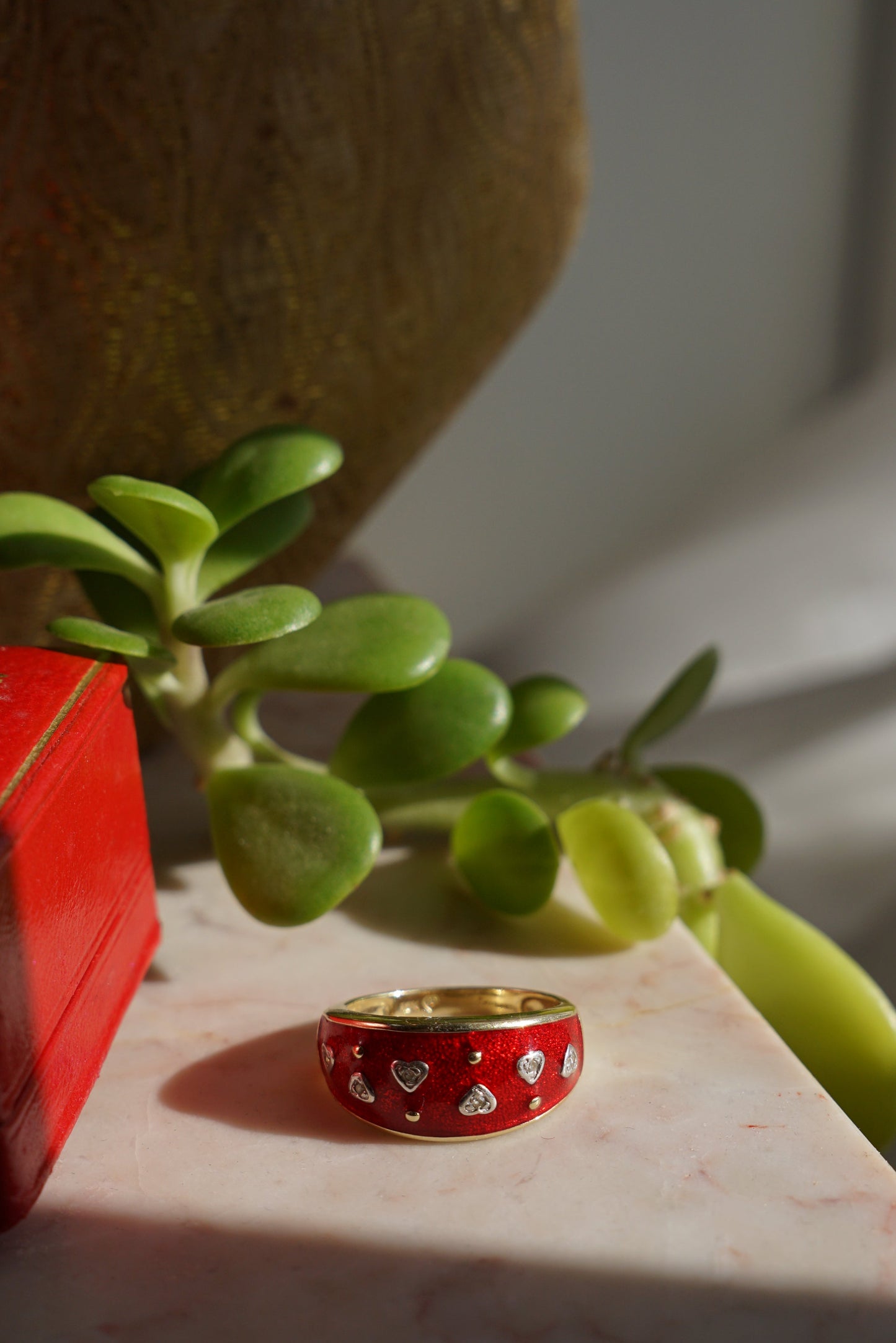 Vintage 14K Red Enamel Diamond Hearts Ring