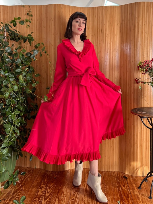 1980s Victor Costa Magenta Ruffle Dress S/M