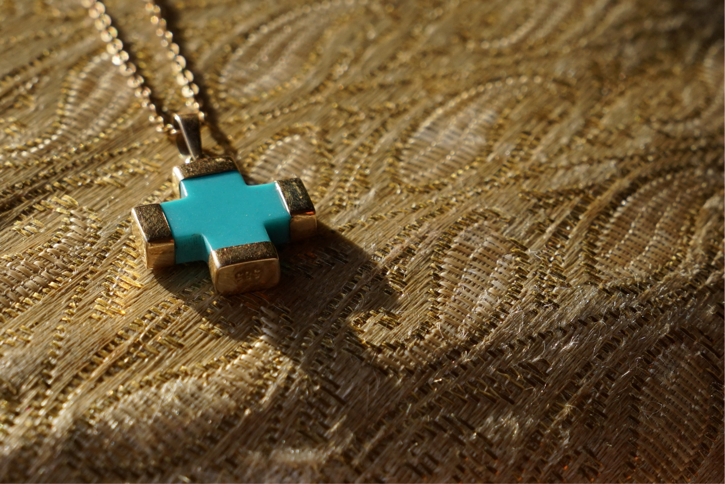 Vtg Santorini Turquoise and 14K Gold Cross Necklace