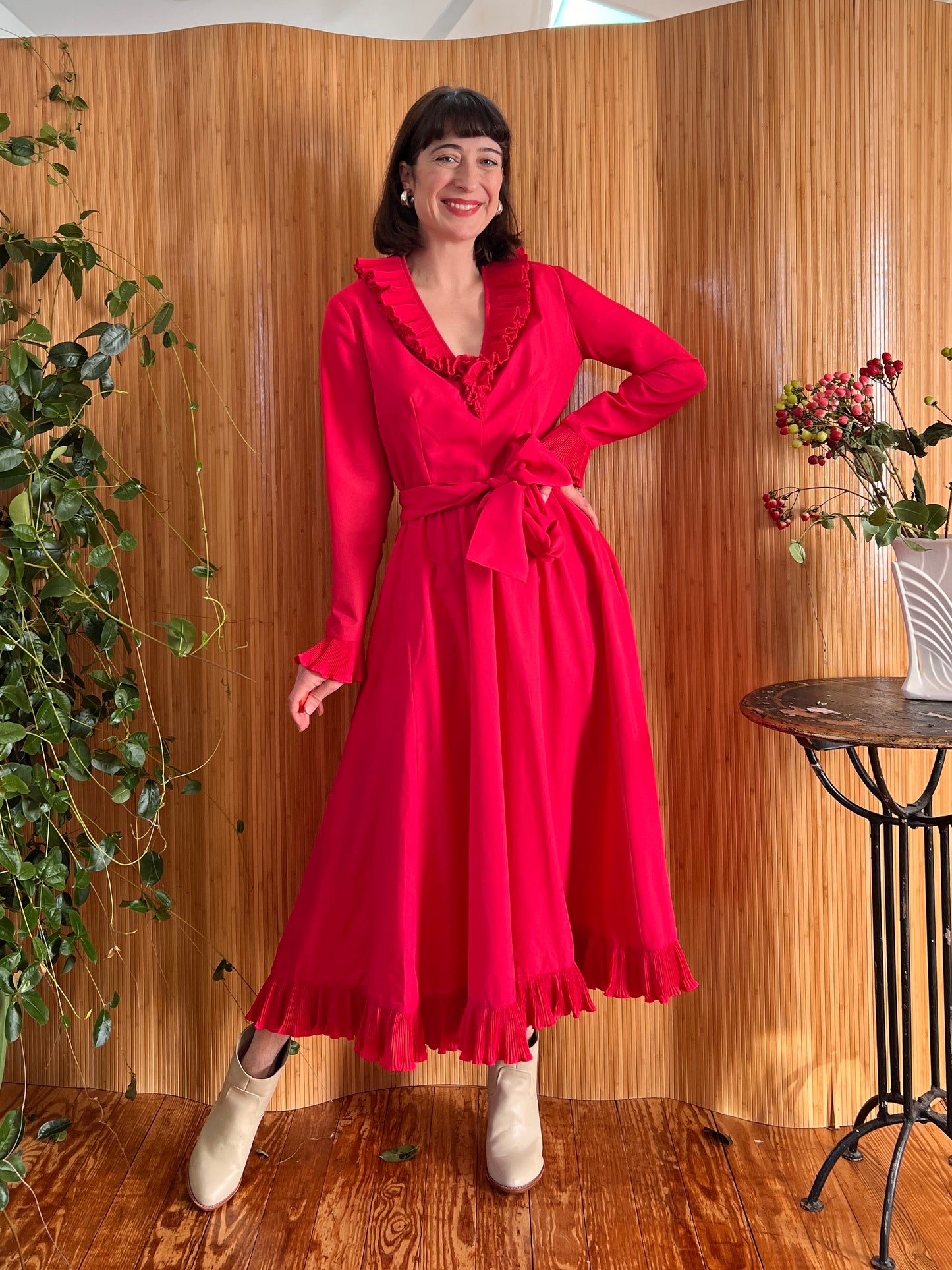 1980s Victor Costa Magenta Ruffle Dress S/M