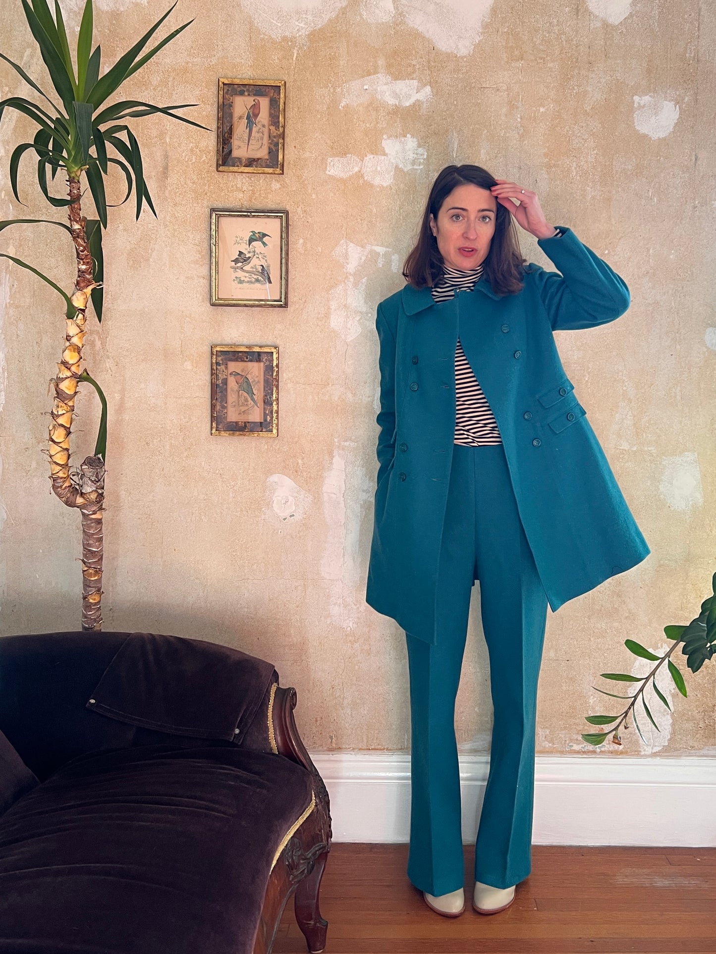 1960s Teal Wool Double Breasted Jacket & Pants Set S/M