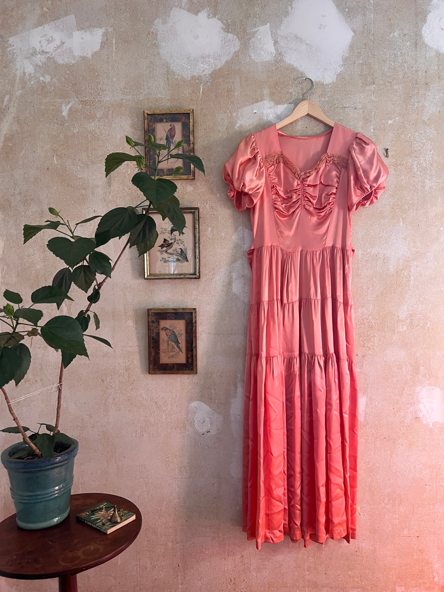 1940s Pink Liquid Satin Tiered Sweetheart Gown S/M