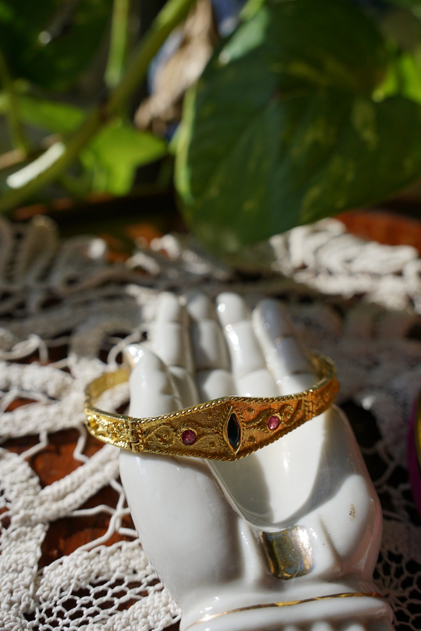 Byzantine Style 14K Gold Bracelet with Rubies and Sapphires