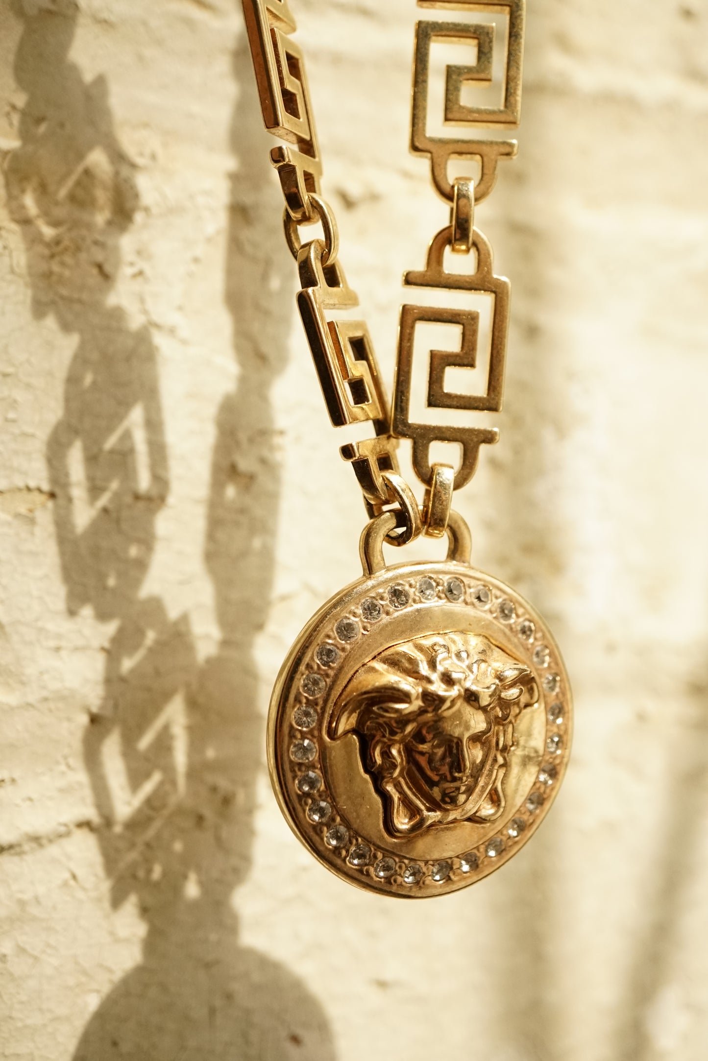 1990s Versace La Medusa Greca Gold and Crystal Necklace