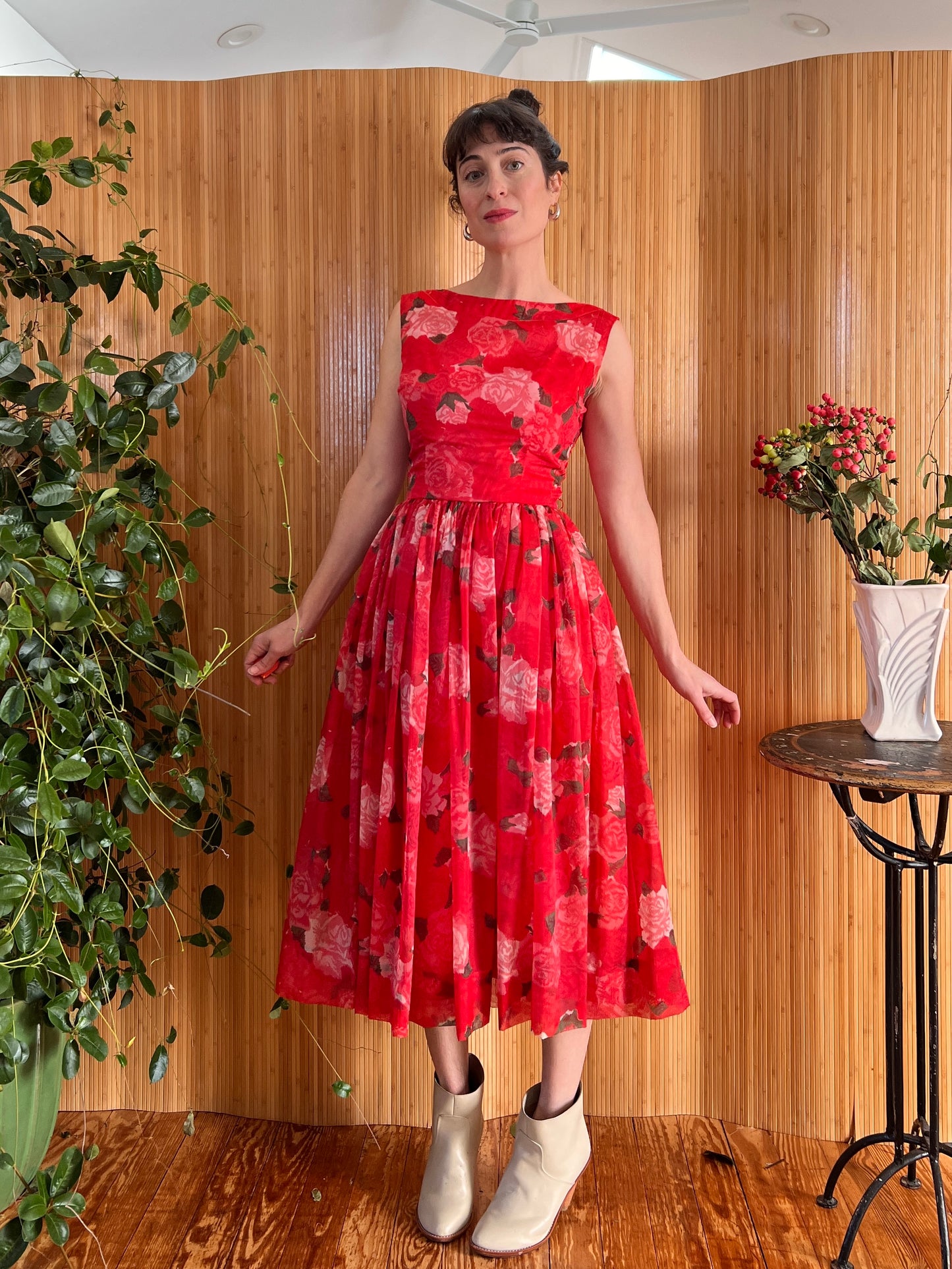 1950s Silk Rose Chiffon Fit n Flare Dress S