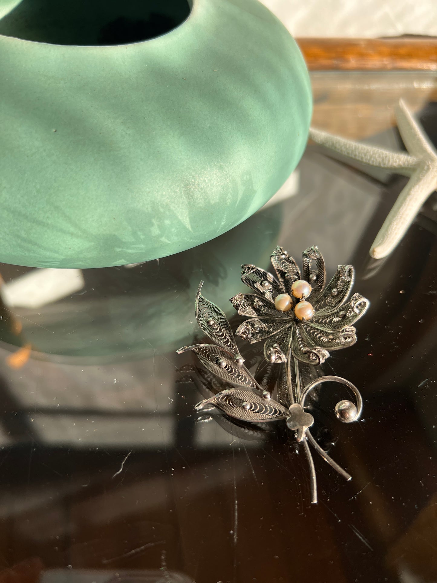 1940s Filigree Silver And Pearl Floral Brooch