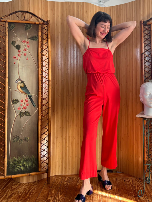 1970s Cherry Red Poly Pantsuit XS-M