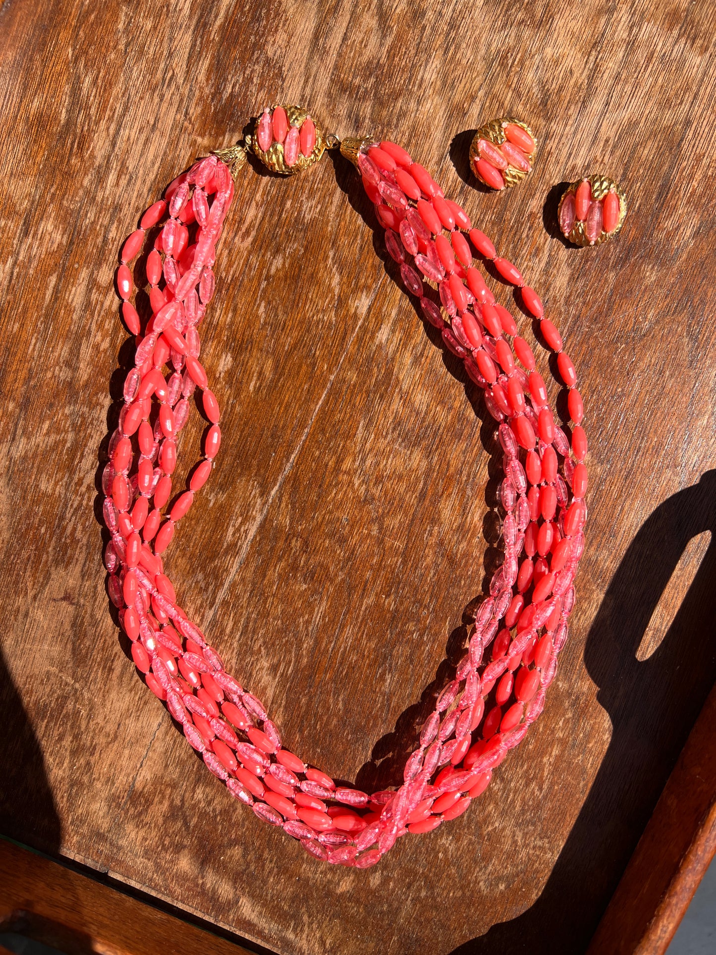 1950s Multi-Strand Flamingo Pink Beaded Necklace and Earrings Set