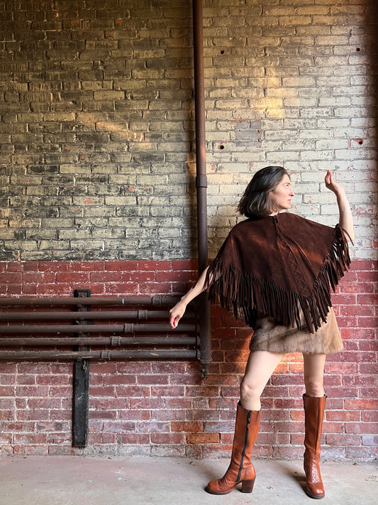 1970s Brown Suede Fringe Poncho