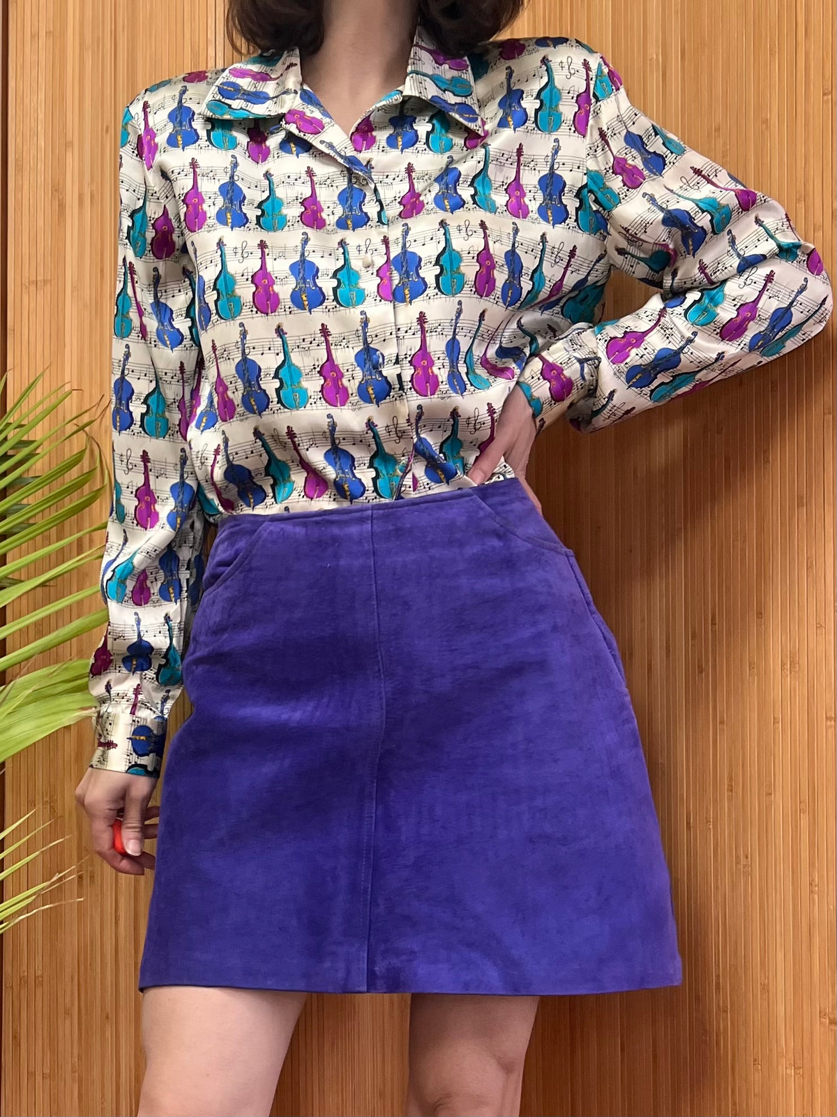 1980s Musical Instrument Novelty Print 100% Silk Blouse M