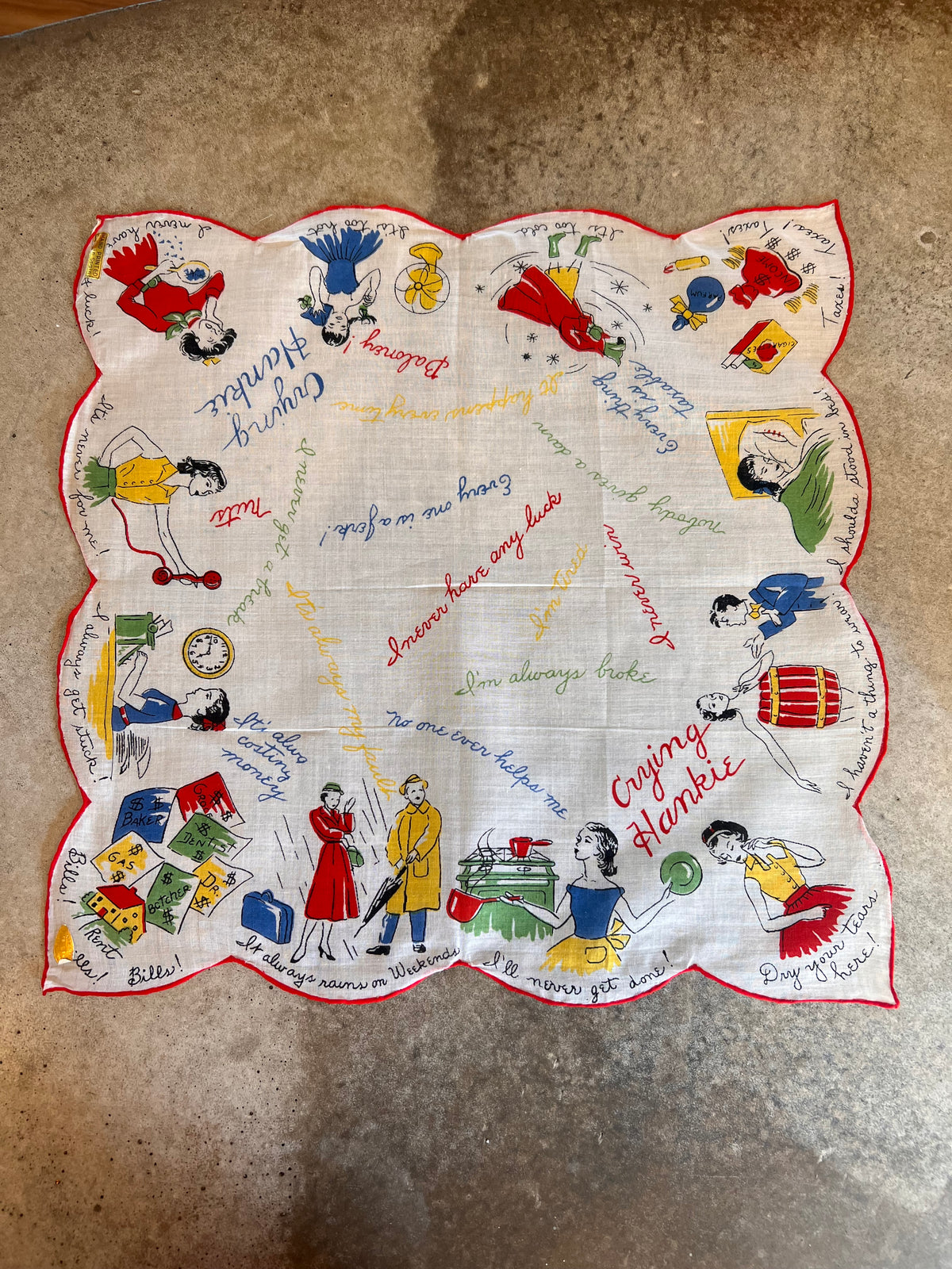 1950s “Crying Hankie” Novelty Cotton Handkerchief