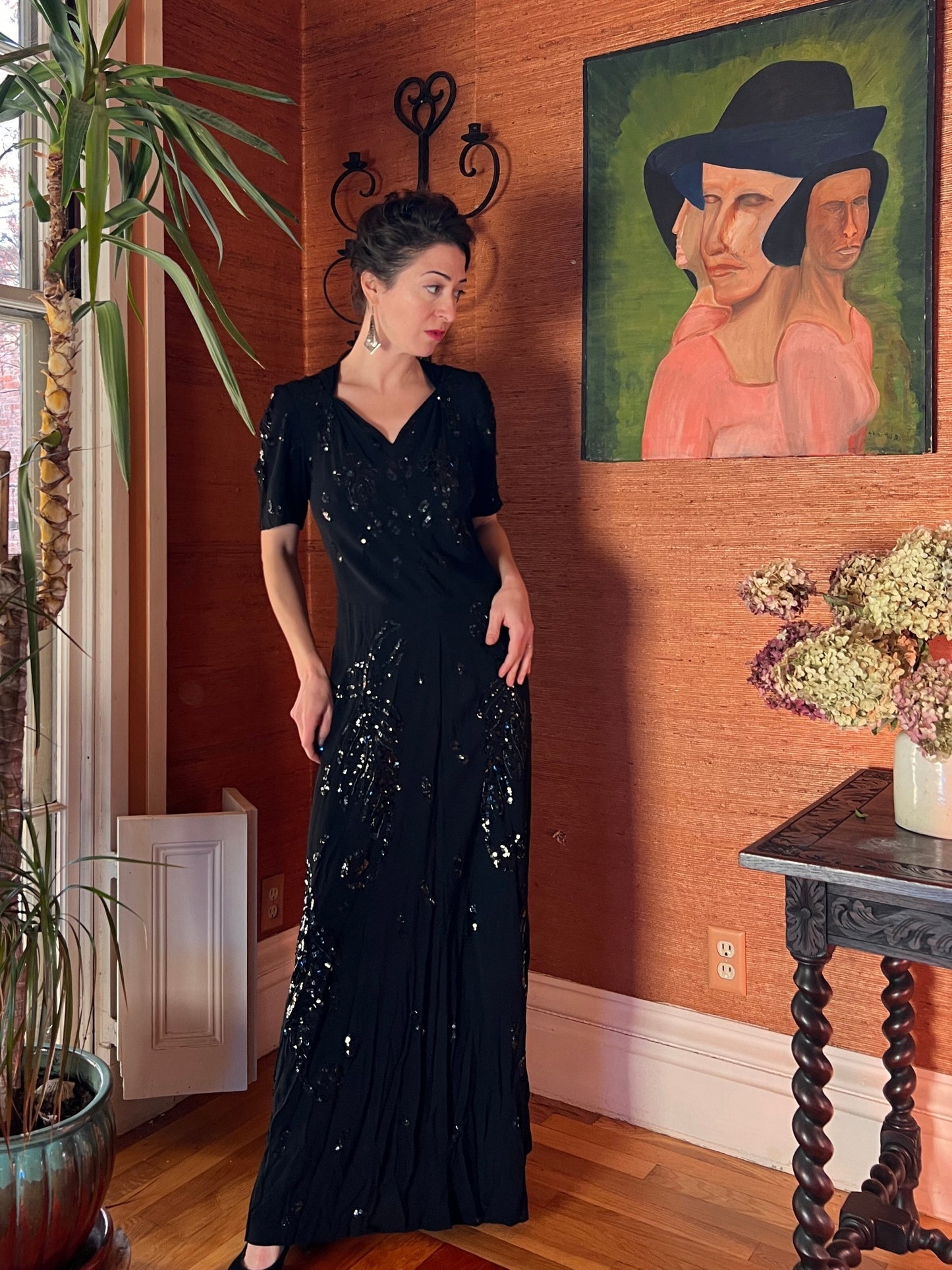 1930s/40s Beaded and Sequin Crepe Gown M