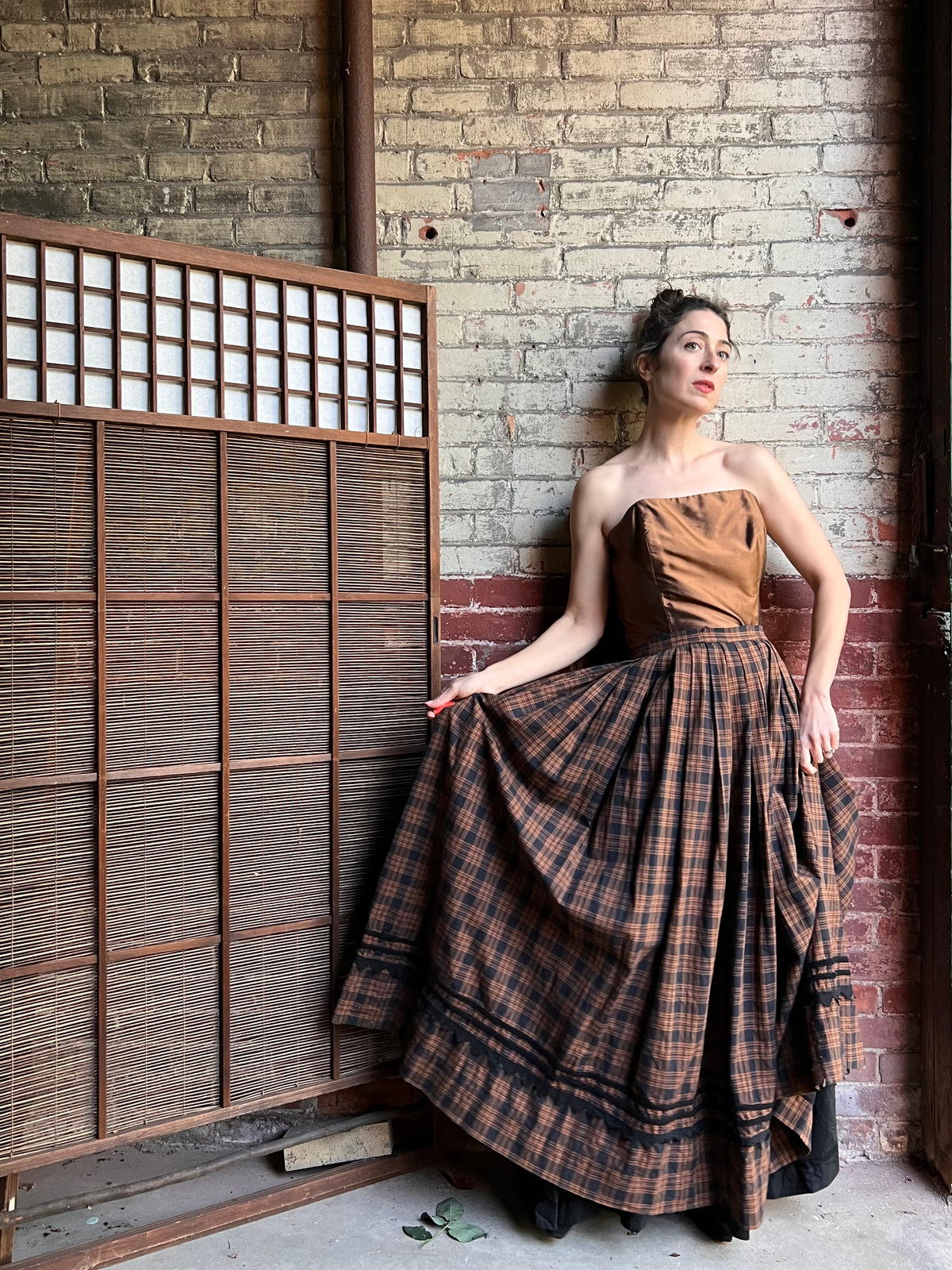 1950s Bergdorf Goodman Demi Couture Silk Muslin Plaid Ballroom Skirt S