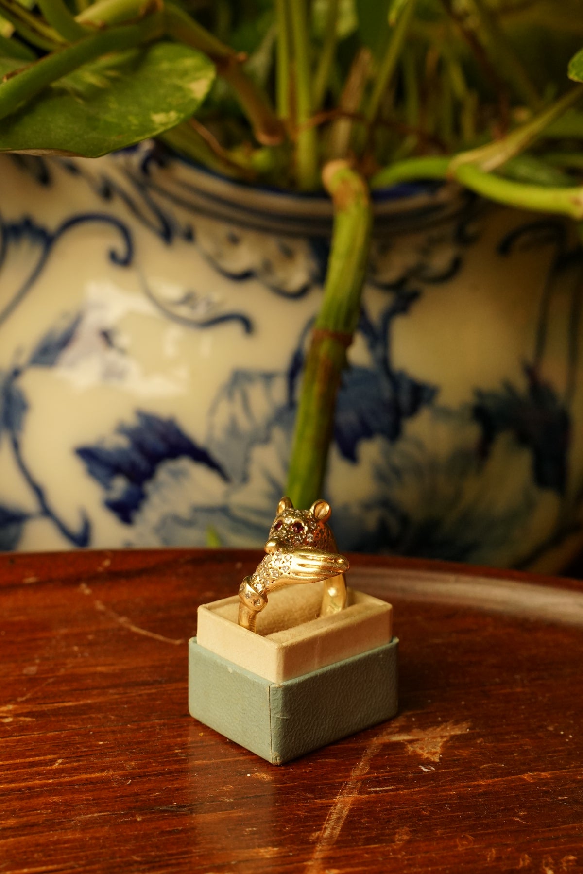 Victorian Revival 14K "Bite" Ring with Pave Diamonds and Rubies