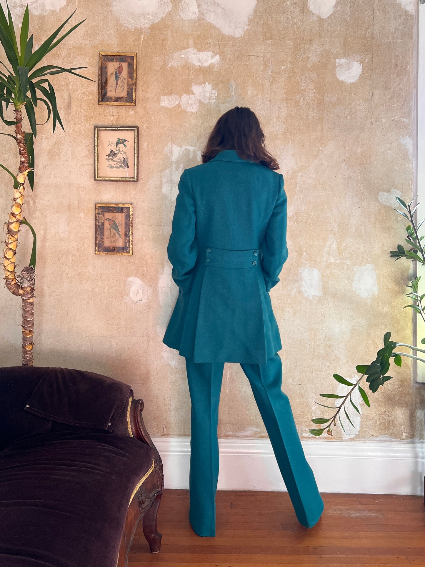 1960s Teal Wool Double Breasted Jacket & Pants Set S/M