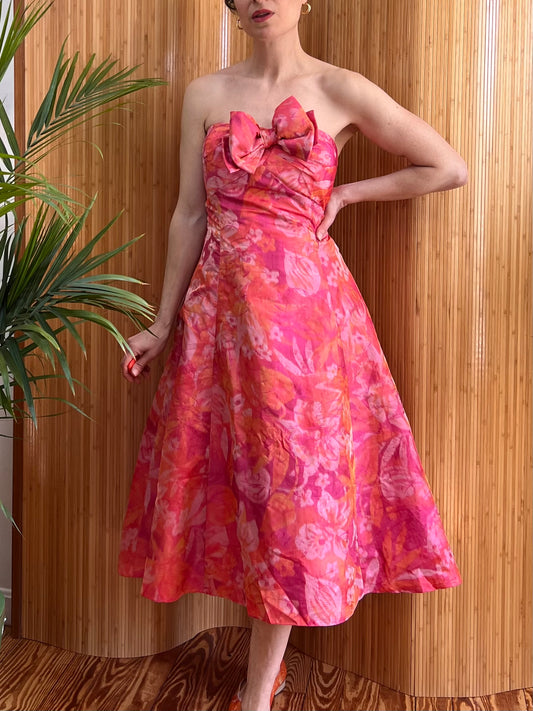 1980s Silk Chiffon Strapless Party Frock L