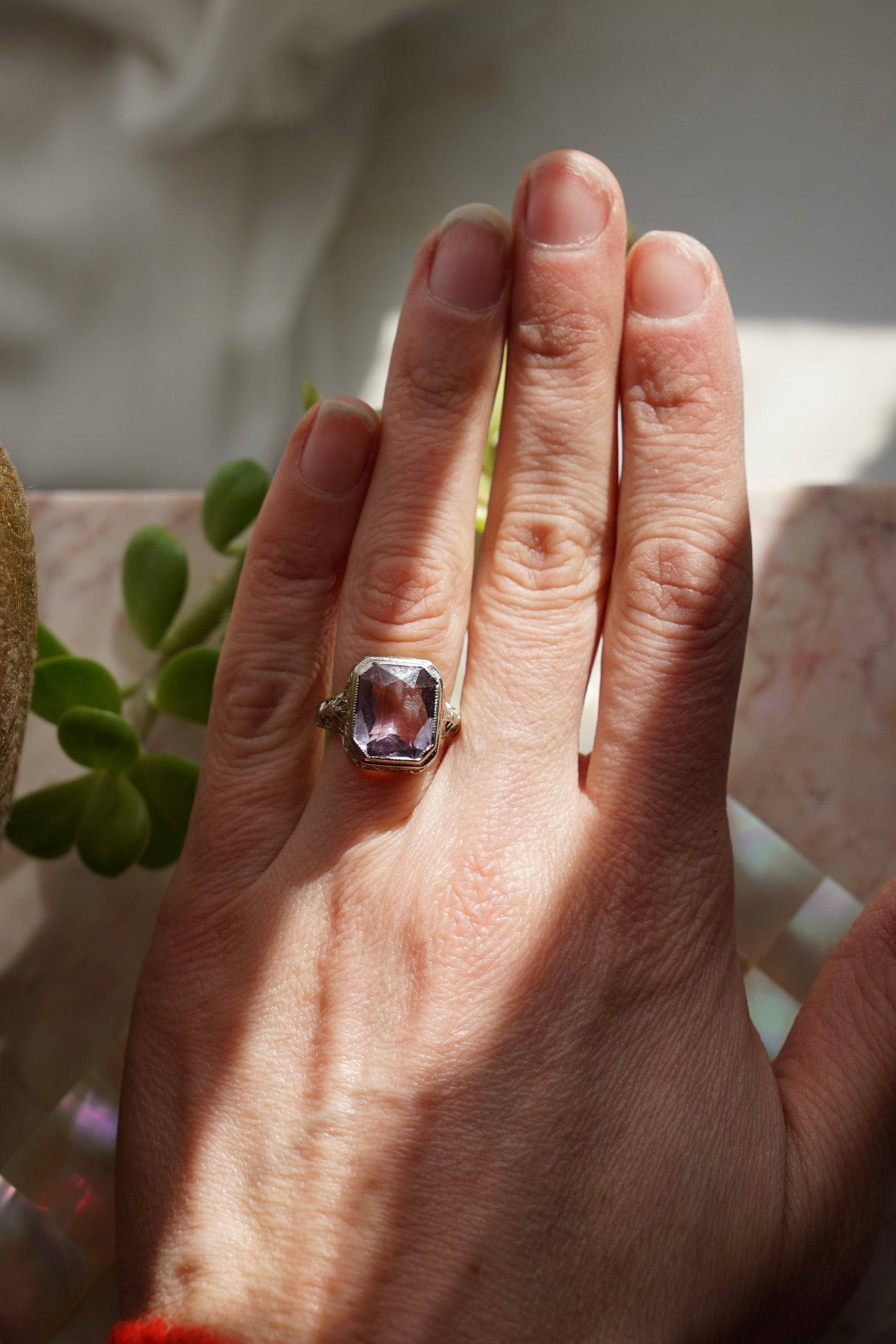 Art Deco Square Cut Amethyst Filigree 14K Ring