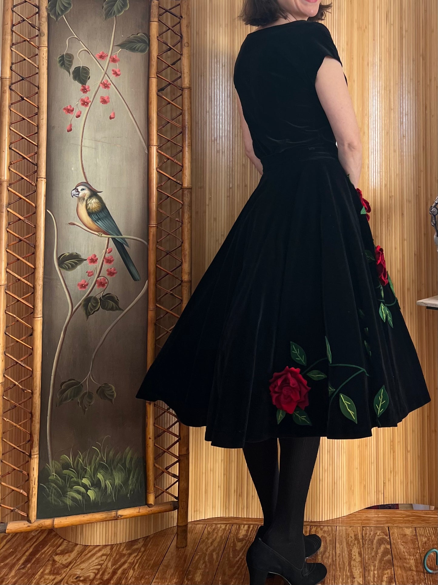 1950s Velvet Rose Applique 2-Piece Skirt Set S