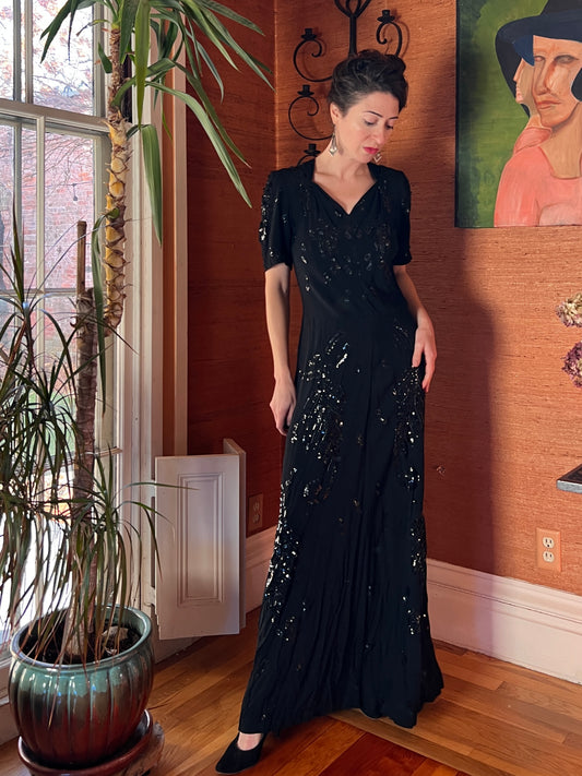 1930s/40s Beaded and Sequin Crepe Gown M