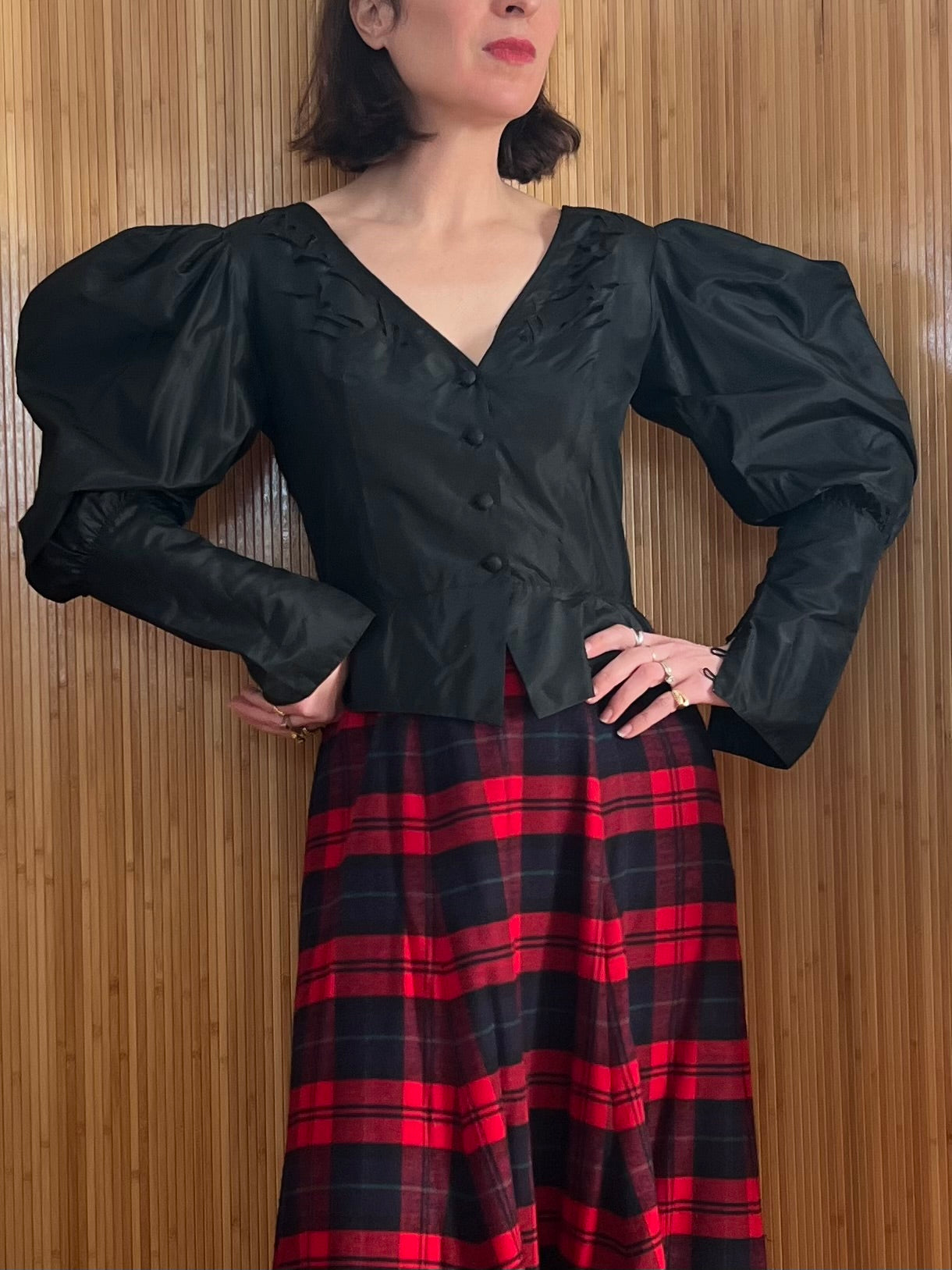 1980s Silk Cut Out Peplum Blouse with Mutton Sleeves S