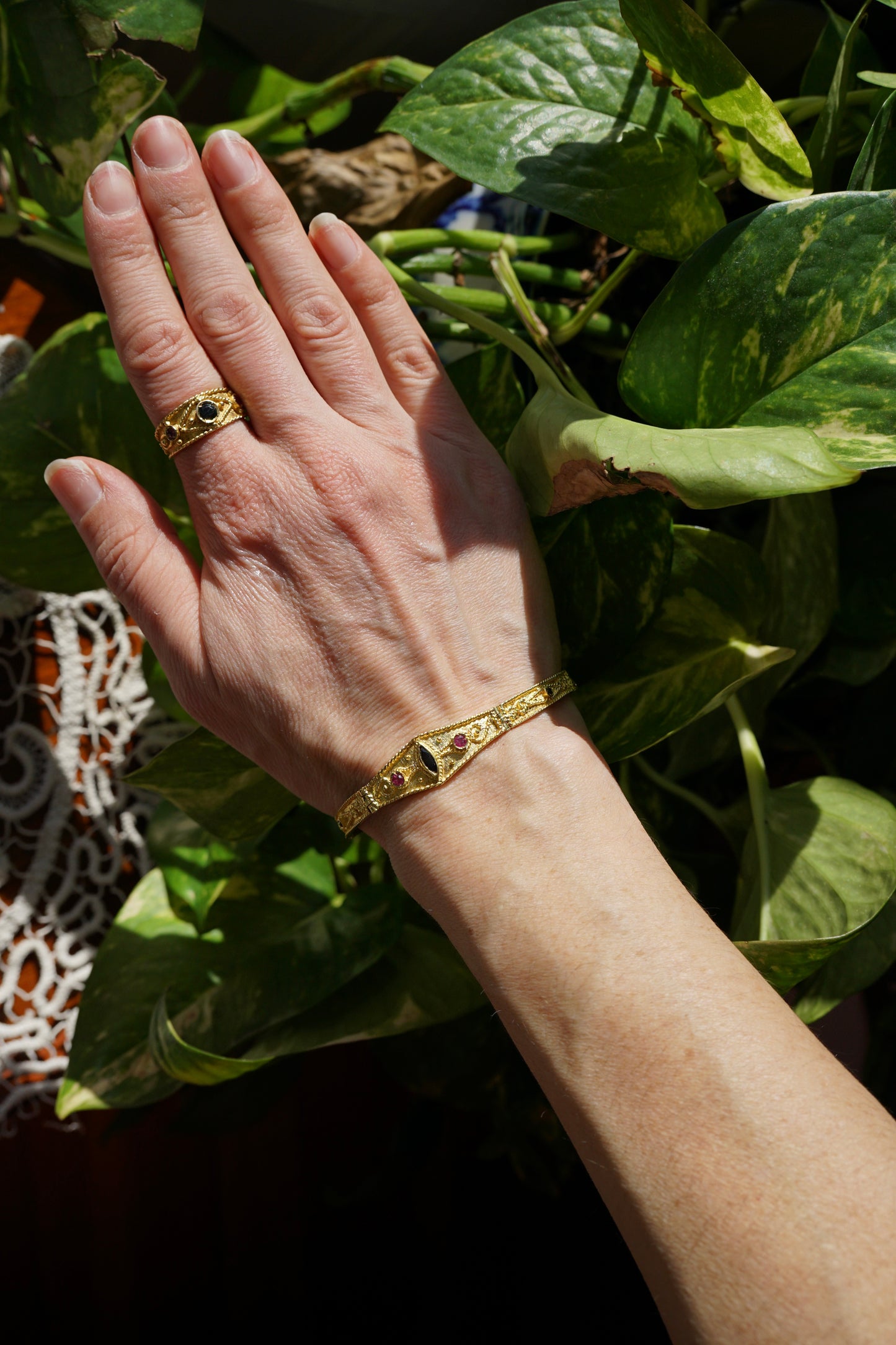 Byzantine Style 14K Gold Bracelet with Rubies and Sapphires