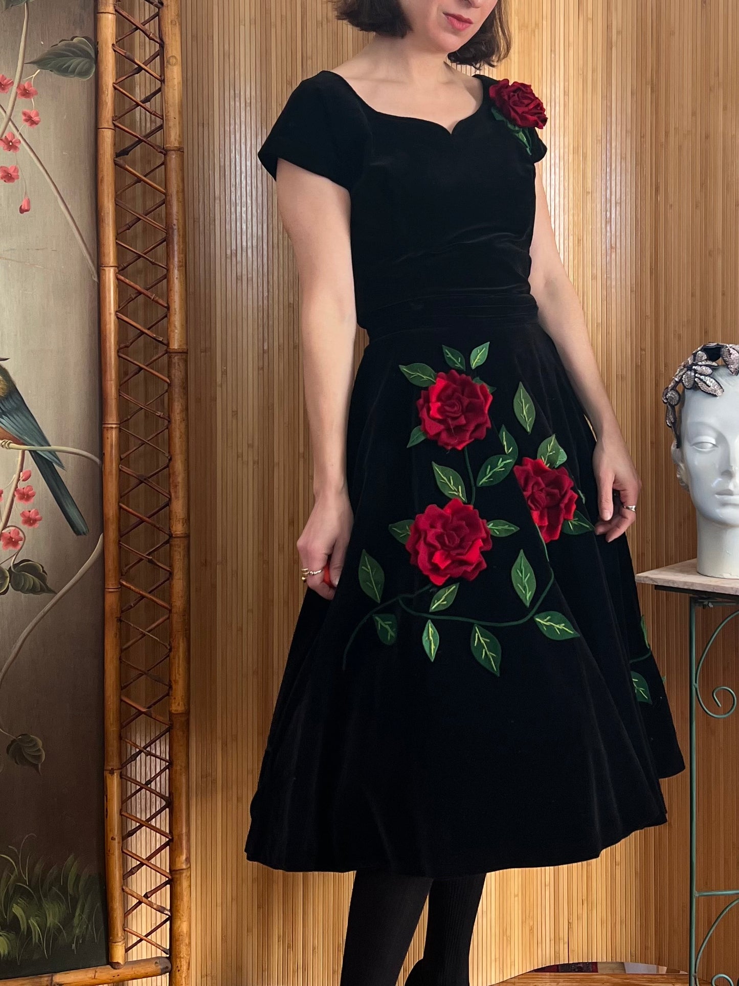 1950s Velvet Rose Applique 2-Piece Skirt Set S