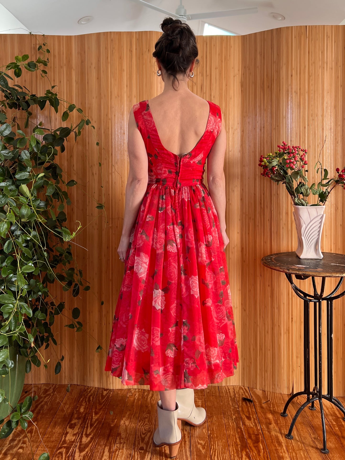 1950s Silk Rose Chiffon Fit n Flare Dress S