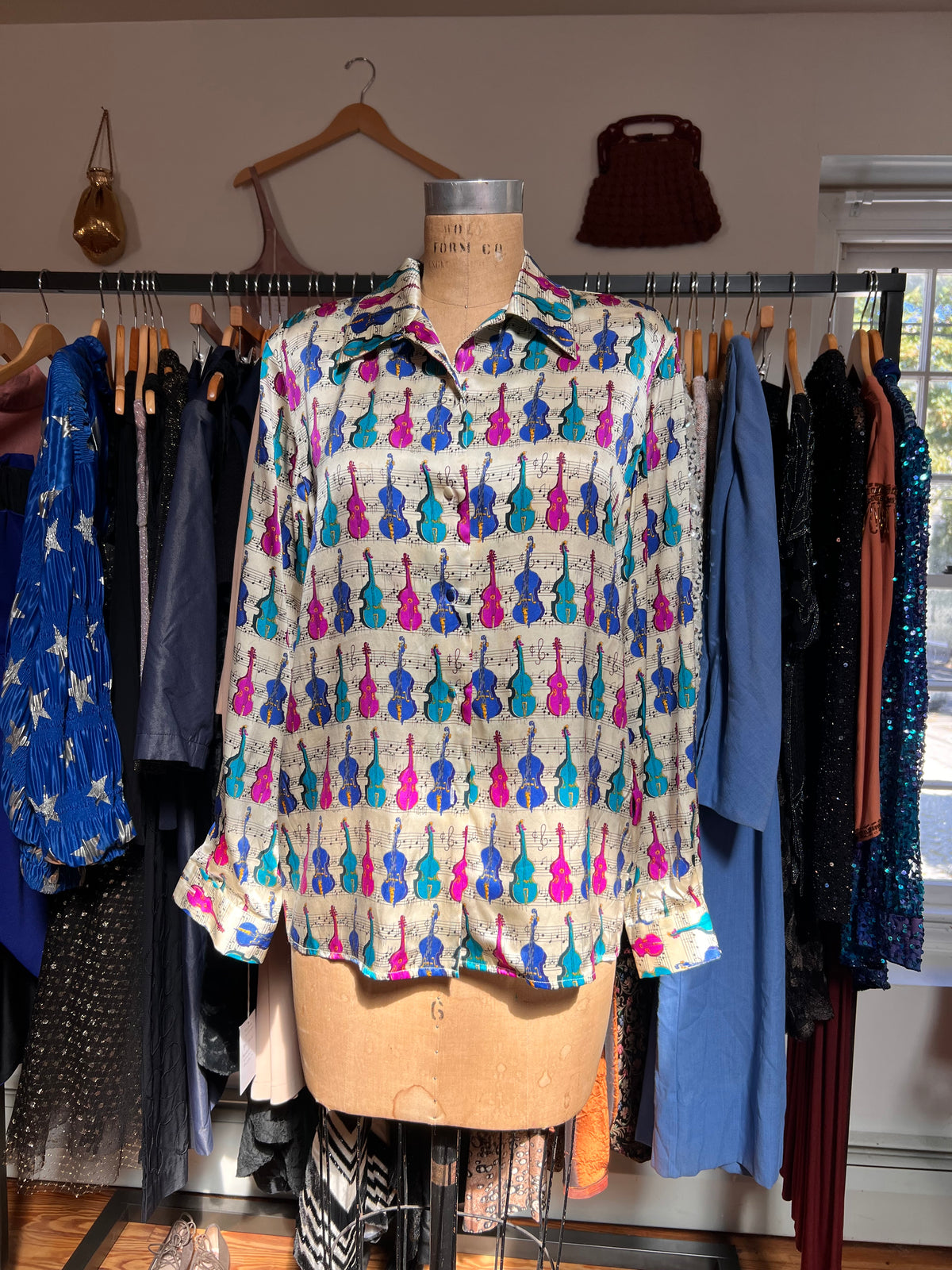 1980s Musical Instrument Novelty Print 100% Silk Blouse M
