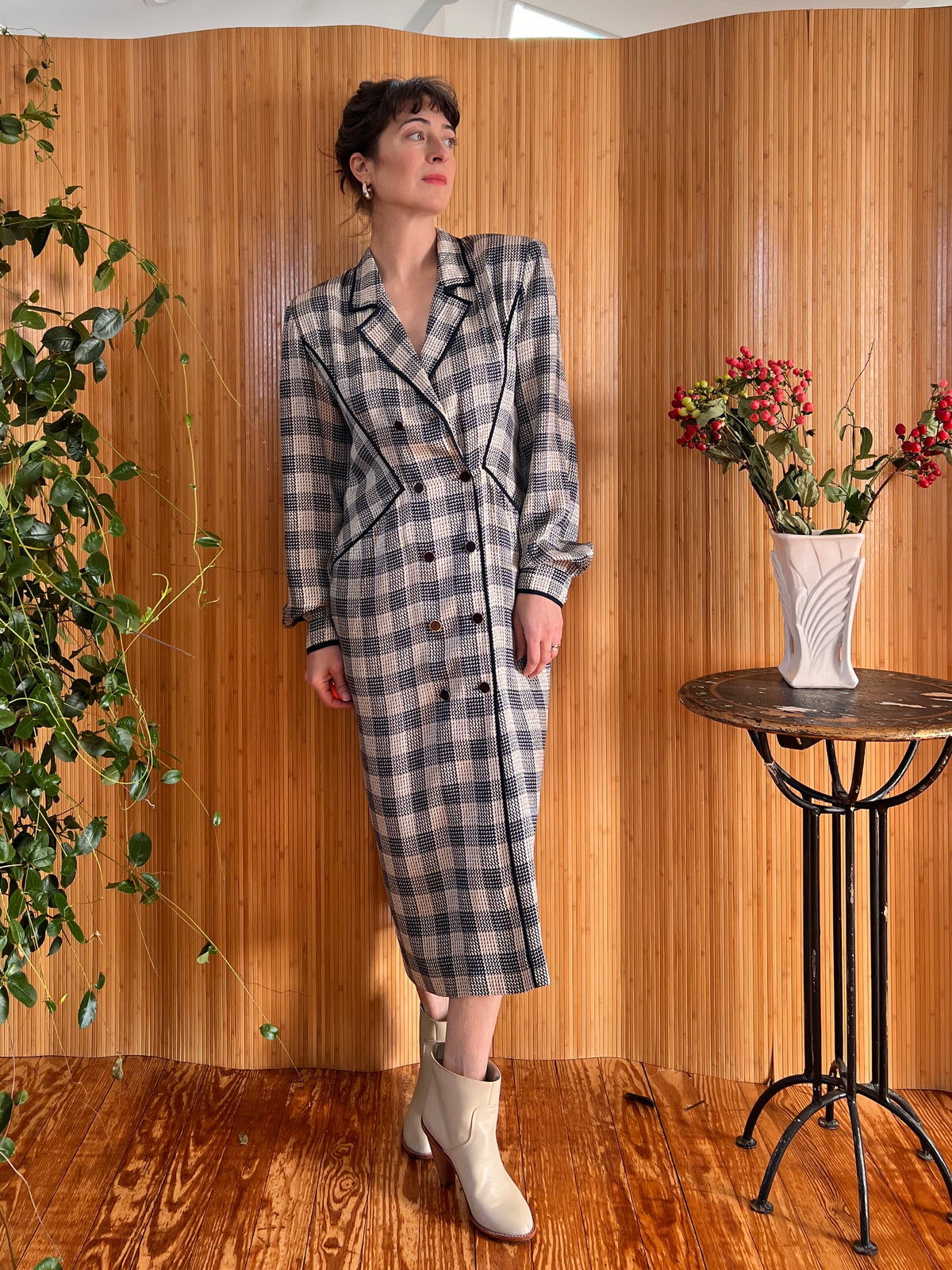 1980s Double Breasted Houndstooth Silk Dress by Hanae Mori M
