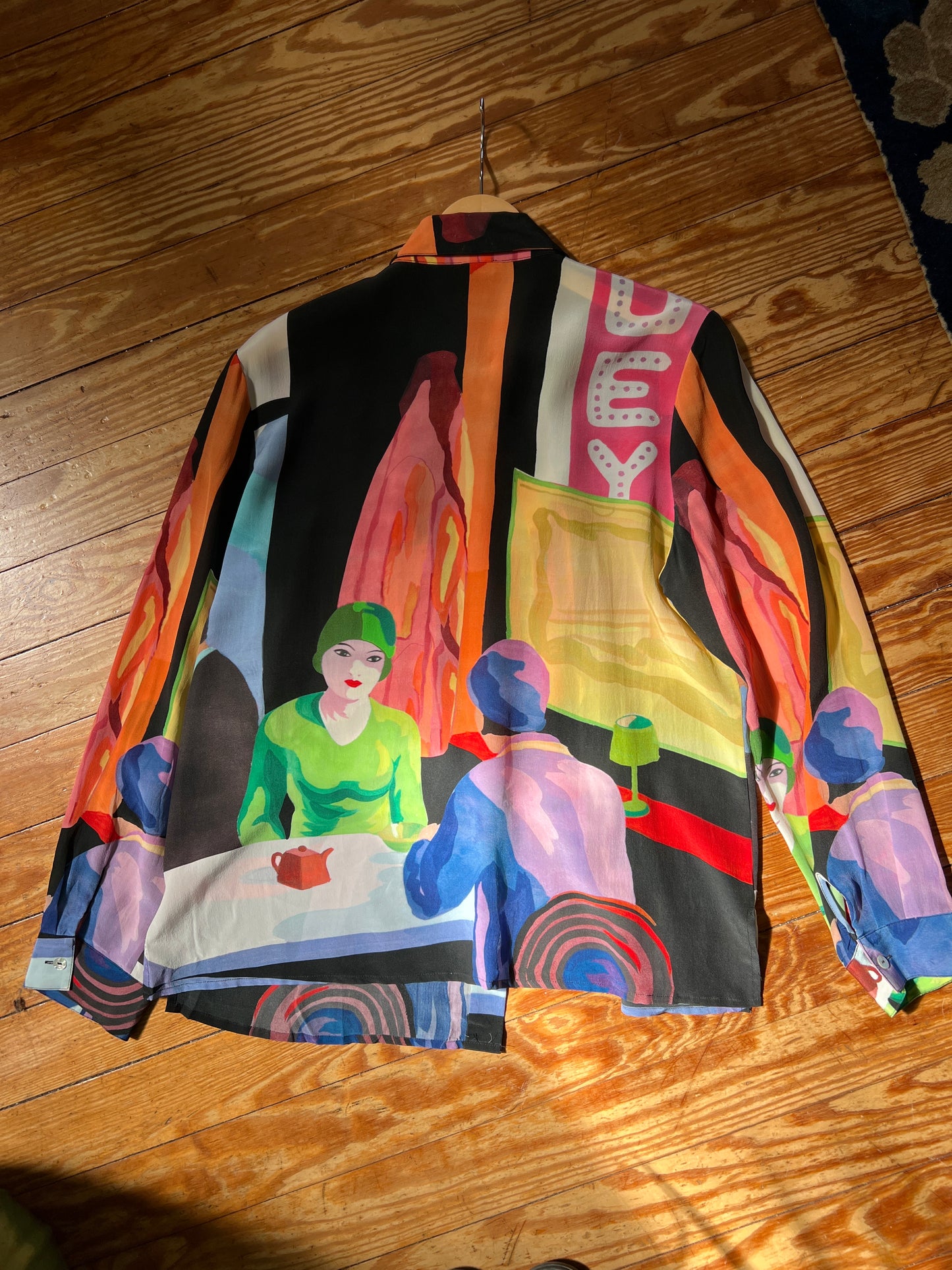 1980s 100% Silk Graphic 1920s Café Print Blouse M/L