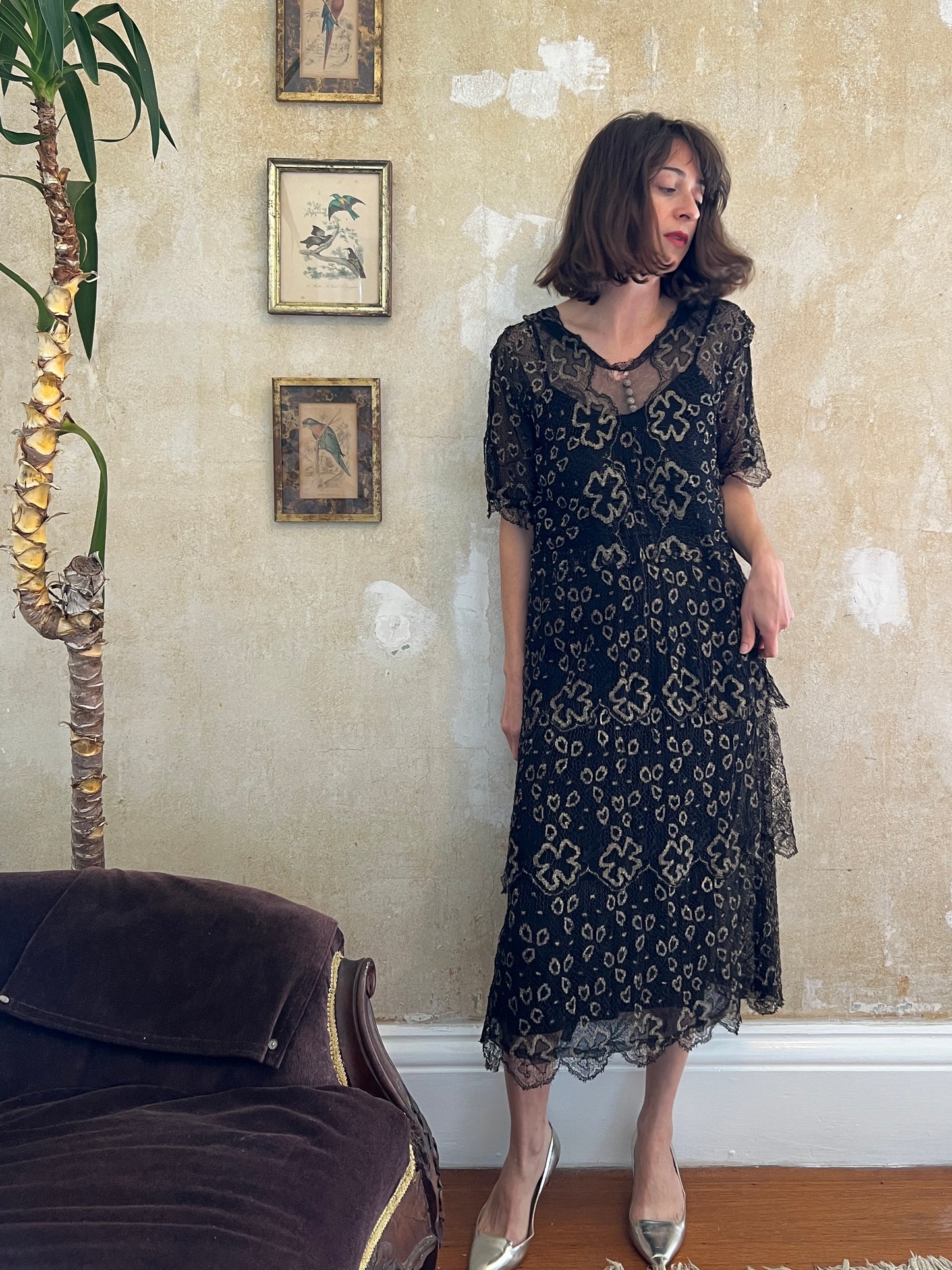 1920s Art Deco Metallic Thread Tiered Dress S/M