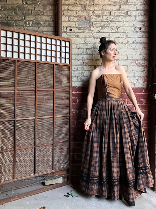 1950s Bergdorf Goodman Demi Couture Silk Muslin Plaid Ballroom Skirt S