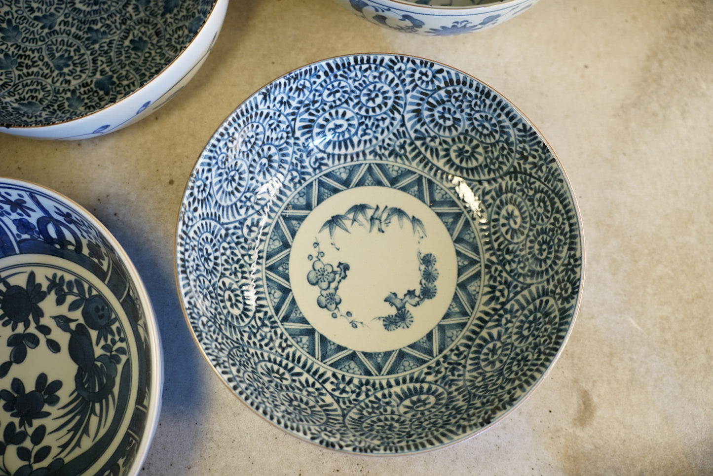 Vintage Japanese Sometsuke Blue & White Porcelain Bowls
