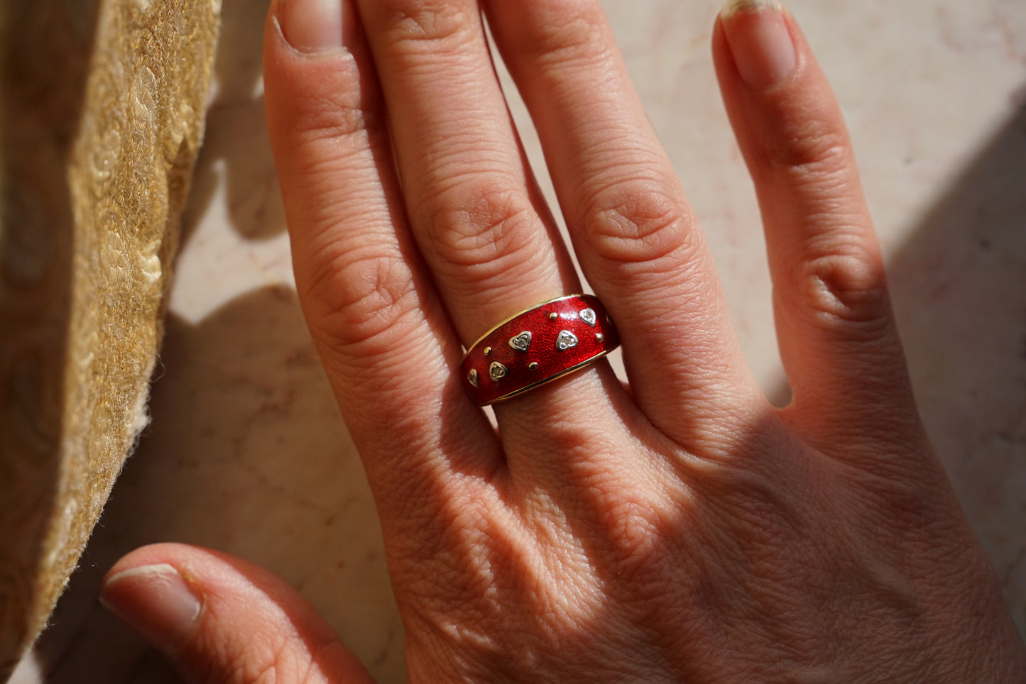 Vintage 14K Red Enamel Diamond Hearts Ring