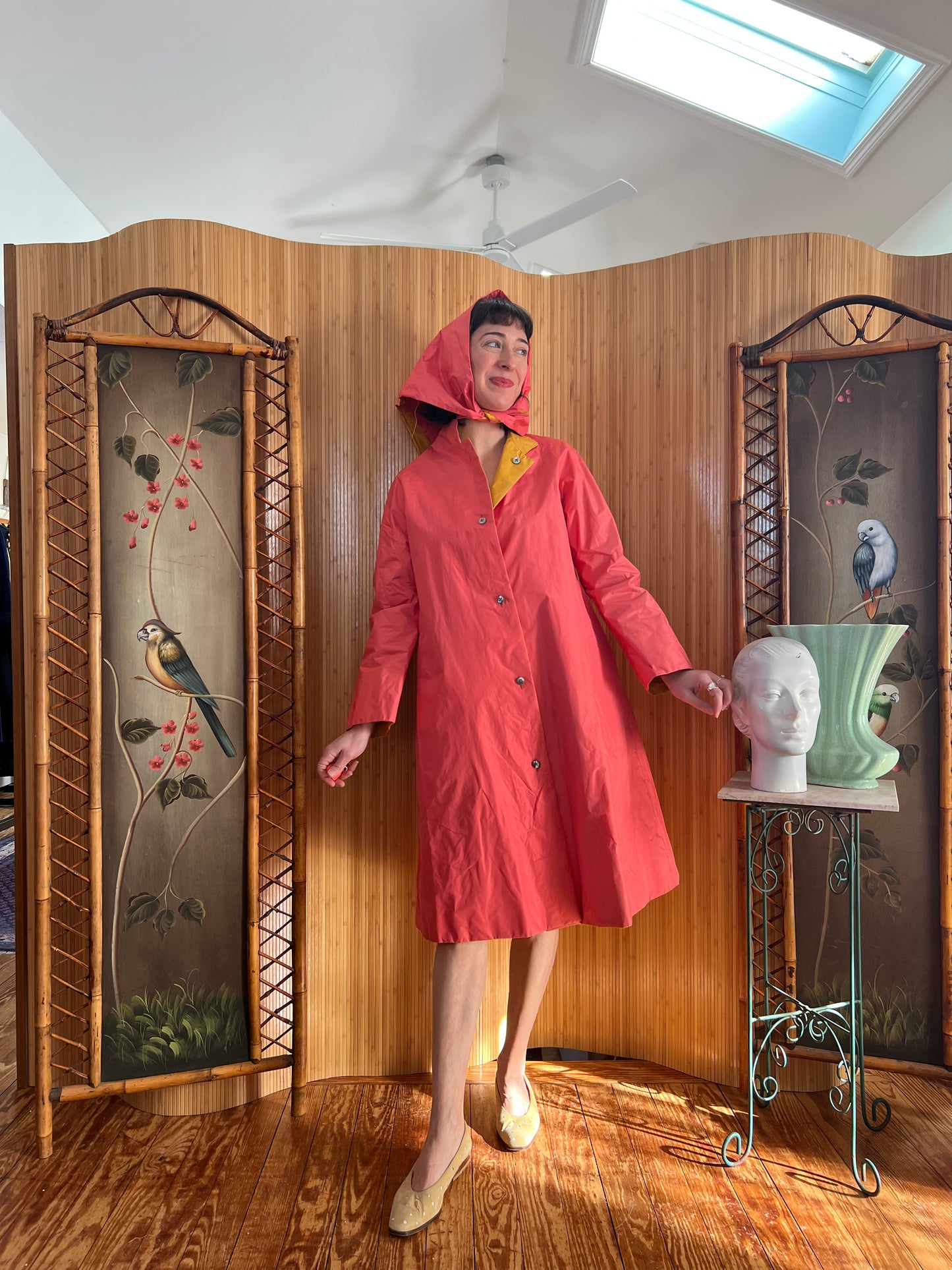 1960s Bonnie Cashin Chartreuse and Pink Reversible Raincoat and Bonnet S