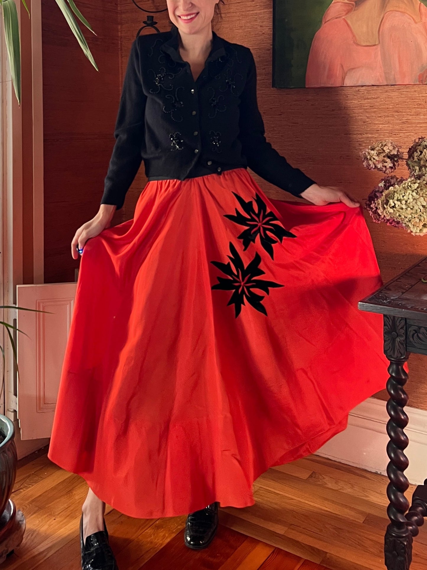 1950s Taffeta Skirt with Velvet Poinsetta L