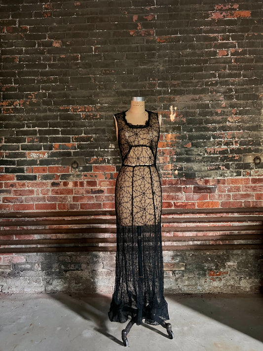 1930s Deco Black Spiderweb Lace Gown S