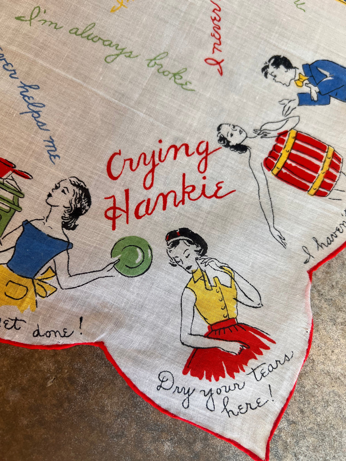 1950s “Crying Hankie” Novelty Cotton Handkerchief